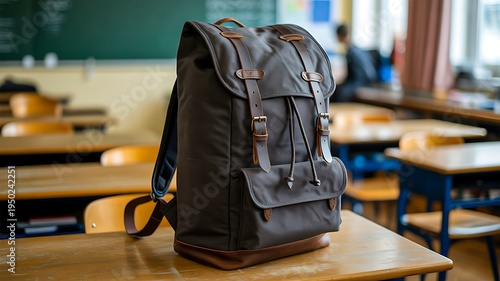 School backpack on classroom desk representing education learning and student lifestyle concept