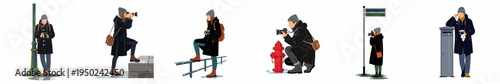 Flat vector illustration set of street photographers in autumn and winter clothing taking photos in various urban settings against a white background.