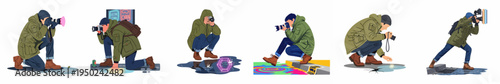 Set of six illustrations featuring street photographers in green parkas capturing creative images of urban puddles and light reflections.