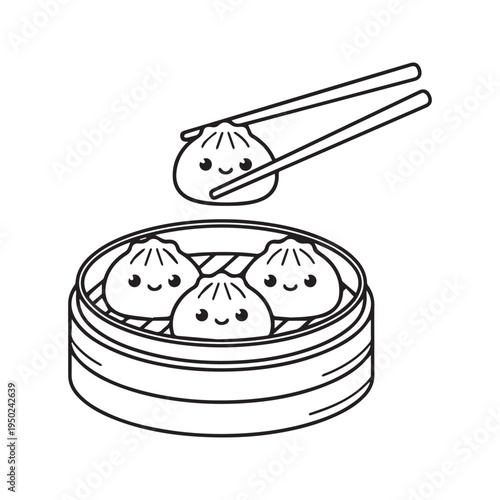 Cute kawaii dim sum dumplings in bamboo steamer with chopsticks black and white outline coloring page vector illustration
