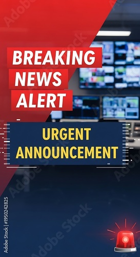 Urgent announcement graphic design utilizes dynamic red and blue colors with a broadcast  background
