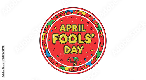 Red circle graphic with colorful border and yellow text reading 'APRIL FOOLS' DAY on a white background.