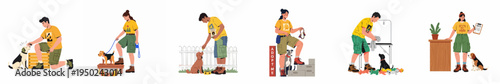 Set of flat illustrations featuring animal shelter volunteers caring for dogs through feeding, walking, grooming, and facilitating pet adoption processes.