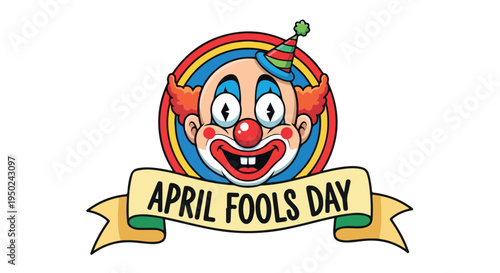 A colorful cartoon clown face with a banner reading 'APRIL FOOLS DAY' on a white background, conveying a playful and humorous mood.