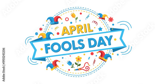 Colorful April Fools' Day logo with confetti and banners on a white background.