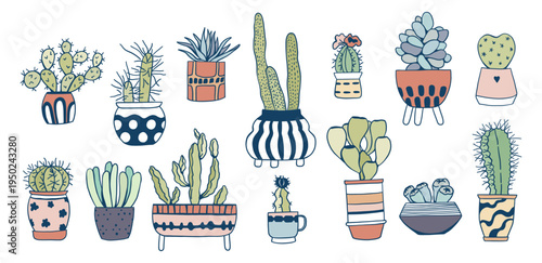 Hand drawn cactus collection in decorative pots. Trendy line art succulent set in playful doodle style. Cute vector illustrations isolated for stickers, prints, decor, design Fun cacti plant elements