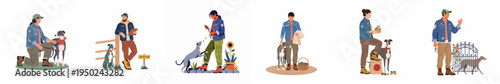 Flat vector illustrations set of diverse people caring for, training, and adopting greyhound dogs in various outdoor and indoor scenes.