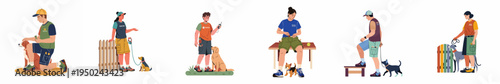Vector Illustration of Animal Shelter Volunteers and Staff Training, Walking, and Caring for Various Dog Breeds in a Set of Outdoor Scenes.