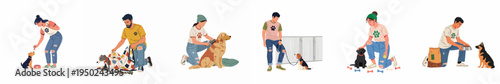 Various scenes of people caring for dogs, including grooming, feeding, walking, and training, isolated on white background.