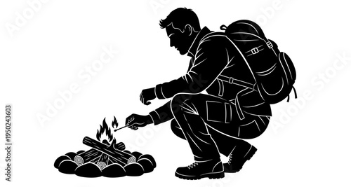 A silhouette of a camper roasting a marshmallow over a campfire