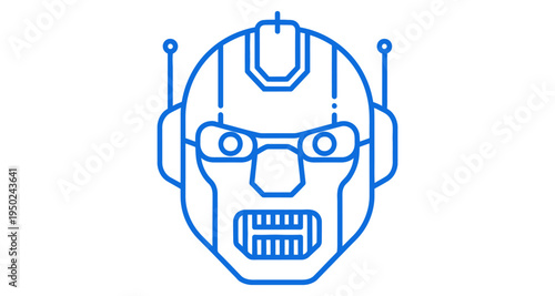Blue line art illustration of a robot head with antenna details