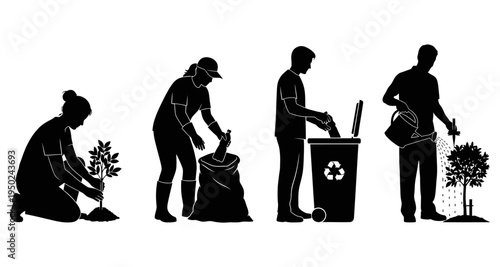 Silhouette illustration depicts the lifecycle of a plant and human interaction