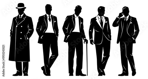 Silhouettes of five elegantly dressed men in classic formal attire