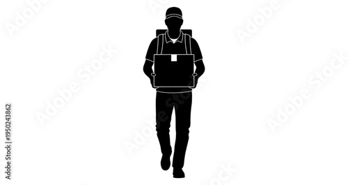 Silhouette of a delivery person carrying a package forward facing the viewer