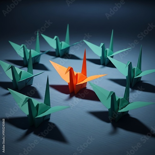 Multiple folded paper birds surround a brightly colored, singular central figure