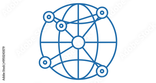 Blue line art illustration of a global network with connected nodes