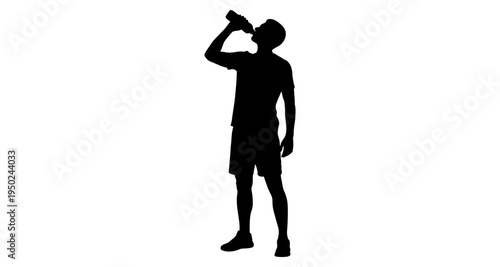 Silhouette of a man drinking from a bottle isolated on white background