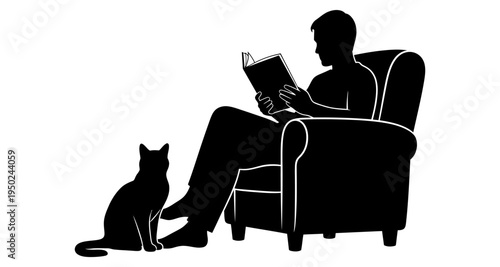A man relaxes in a chair reading while a cat sits nearby