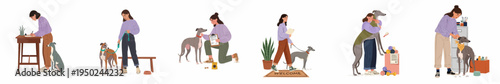 Illustrations showing a woman's journey of adopting a greyhound, including signing documents, walking, grooming, and welcoming the pet into her home.