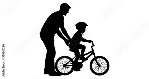 A father assists his young child learning to ride a bicycle