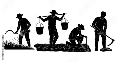 Black silhouette illustration depicts four farmers working in a field