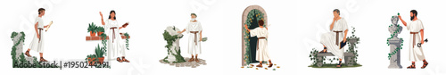 A collection of flat illustrations depicting ancient Greek or Roman philosophers, scholars, and citizens in classic togas engaged in various intellectual and daily activities.