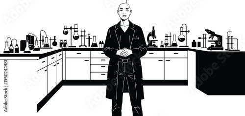Scientist in lab coat standing in a medical research laboratory with microscope and chemical glassware black and white.Scientist in lab coat standing in a medical research laboratory with microscope a
