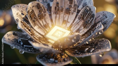 Futuristic Mechanical Flower with Glowing Central Processor.