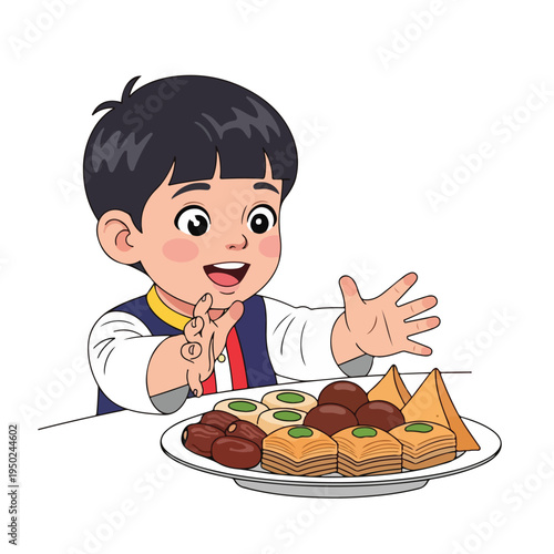 Happy child enjoying traditional sweet and savory snacks on a plate
