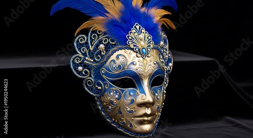 Ornate Venetian style masquerade mask decorated with blue feathers and gold accents rests against a dark draped background