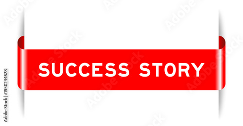 Red color inserted label banner with word success story on white background