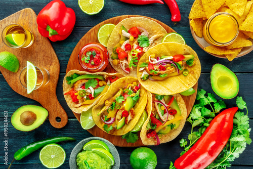 Wallpaper Mural Mexican food. Tacos, tequila, nachos, guacamole, overhead flat lay shot on a blue background Torontodigital.ca