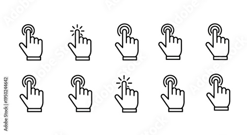 A Collection of Ten Hand Cursor Icons, Illustrating Various Click and Pointer Actions in a Digital Interface