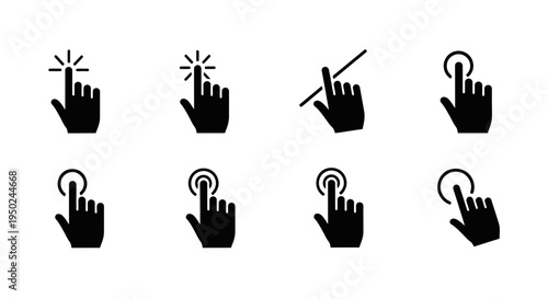Collection of eight distinct black cursor hand icons, each signifying a different user interaction or action