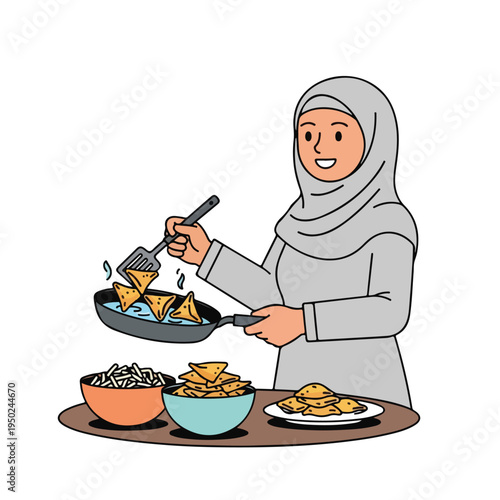Woman in hijab cooking and serving food on a table with various dishes