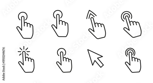 Set of eight different cursor icons showing hand and arrow pointers for computer interface and touch screen gestures, presented in a clean outline style