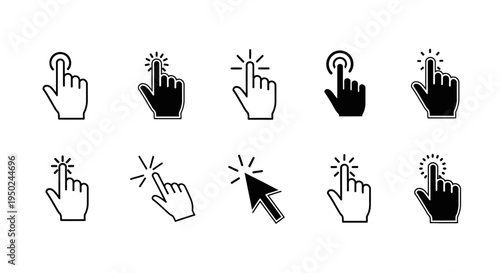 Collection of Hand Cursor Icons and Pointer Icons representing clicks and selections on a digital interface