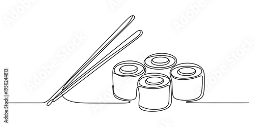Continuous line drawing of a set of four fresh sushi rolls served with a pair of wooden chopsticks