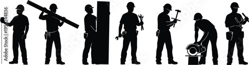 Construction worker silhouettes set, professional builder team holding tools and materials, carpentry and repair work concept, industrial labor workforce, black silhouette vector illustration