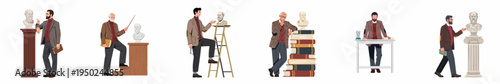 Set of flat illustrations featuring scholars and professors with symbols of knowledge like philosophy busts, books, and architectural columns.