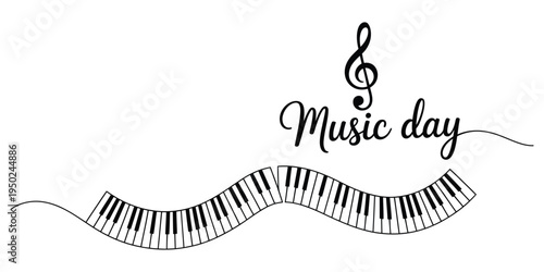Elegant calligraphy text design for music day featuring a stylized piano keyboard and treble clef