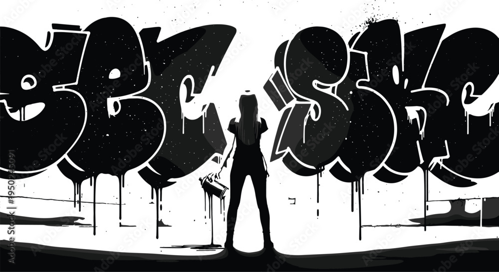 Φωτογραφία Silhouette of a graffiti artist standing in front of a large street art wall with bubble letters black and white vector