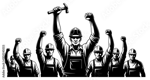 Group of construction workers raising fists in a show of solidarity
