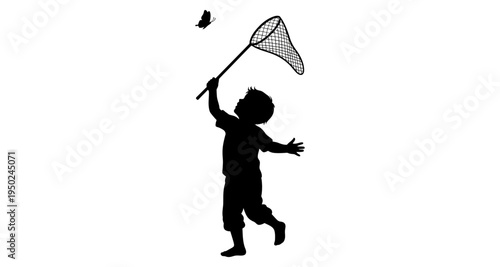 A silhouette of a child attempting to catch a butterfly with a net