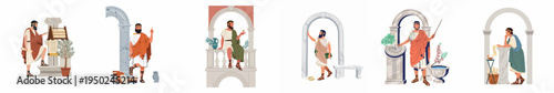 Set of Ancient Greek and Roman Philosopher Illustrations with Classical Architecture and Scientific Tools in a Modern Flat Vector Art Style