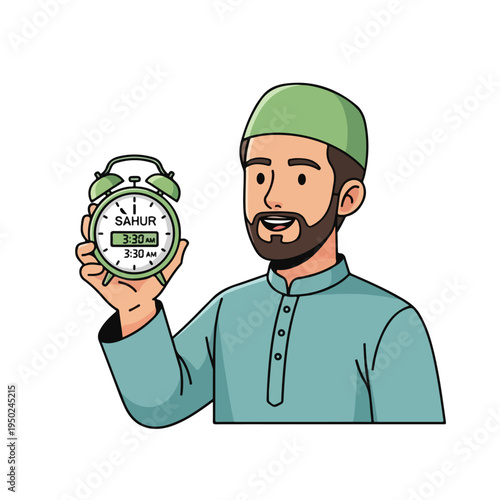 Man in green cap and shirt holding alarm clock with suhur time