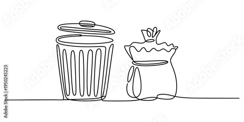 Continuous single line drawing of an open metal trash bin and a tied garbage bag side by side