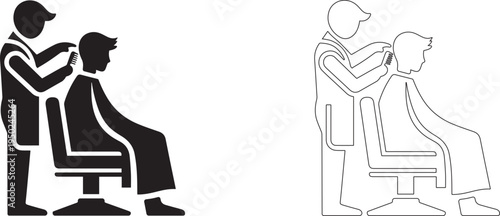 Man in a barbershop chair getting a haircut. Hair care vector icon.
