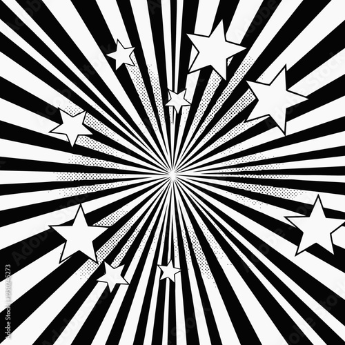 Abstract Black and White Radial Burst with Falling Stars