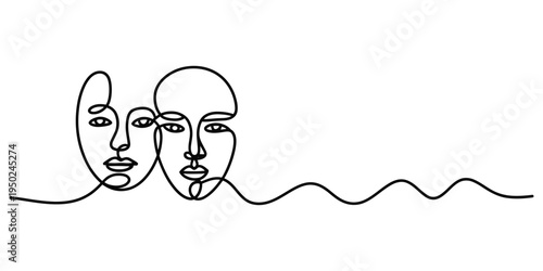 Minimalist continuous line art illustration featuring two human faces side by side in black ink